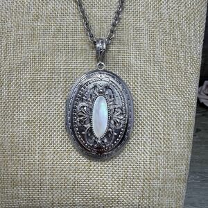 Whiting Davis Silver Tone Locket Necklace 28" Filigree Double Photo Signed